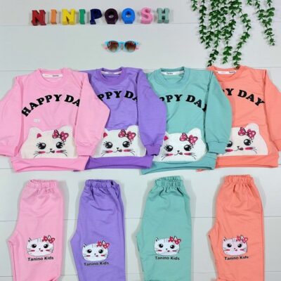 بلوز شلوار طرح گربه پشمالوی گلدوزی شده