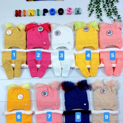 ست سه تیکه کلاه داخل خز گوش دار دارای پوم، شال رینگی داخل خز، دستکش فینگردار