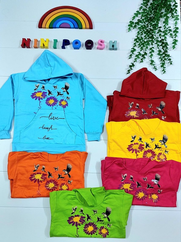 لباس بچگانه نی نی پوش مشهد (2) هودی تک کلاه دار طرح گل و پرنده